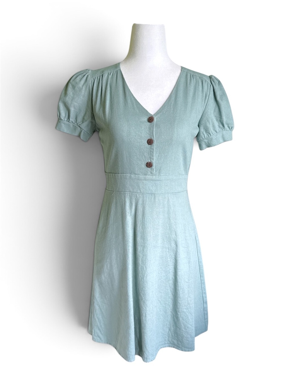 Monteau Sage Green Linen Blend Puff Sleeve Mini Dress XS